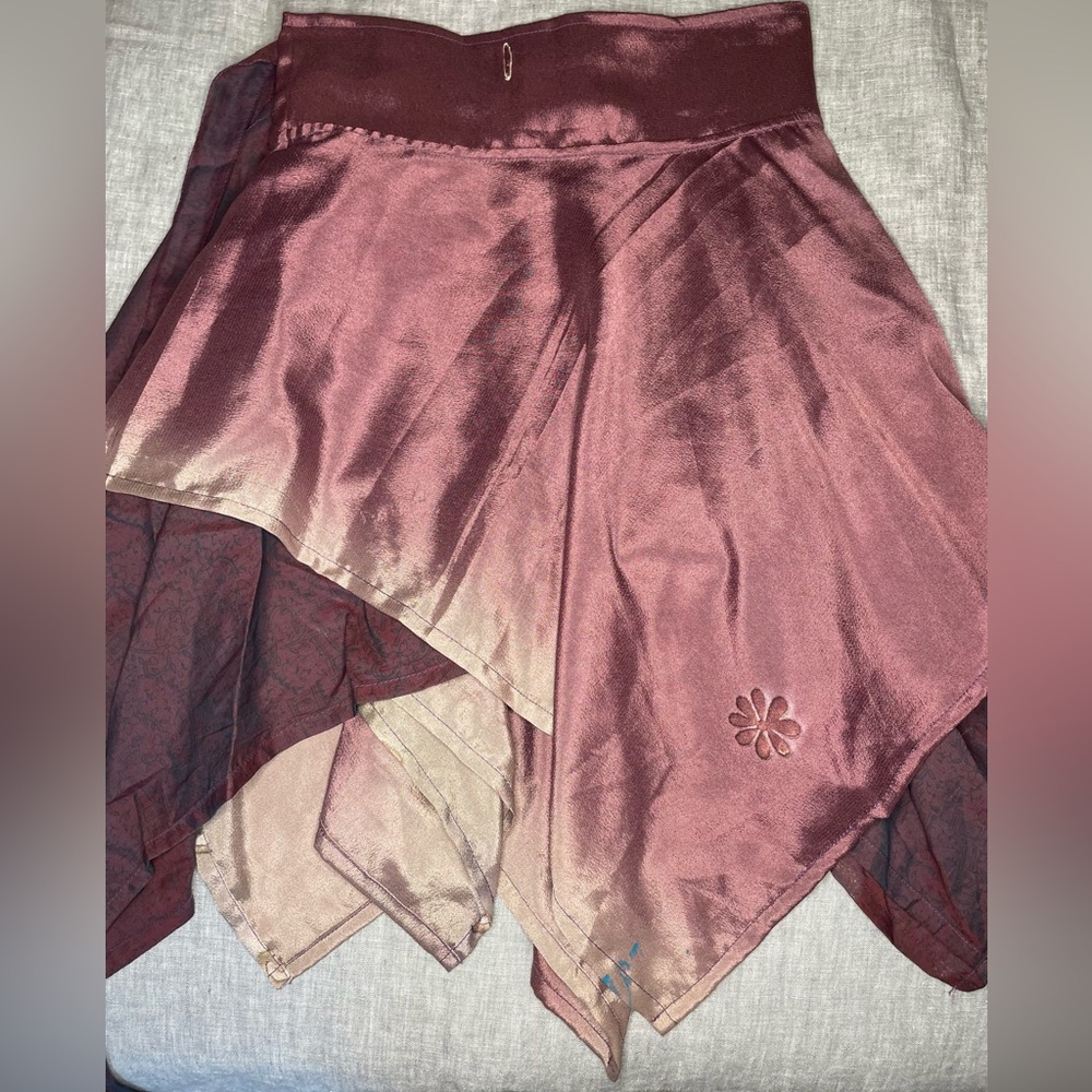 Recycled Burgundy Sari Wrap Skirt Asymmetrical Boho Hippie San Francisco